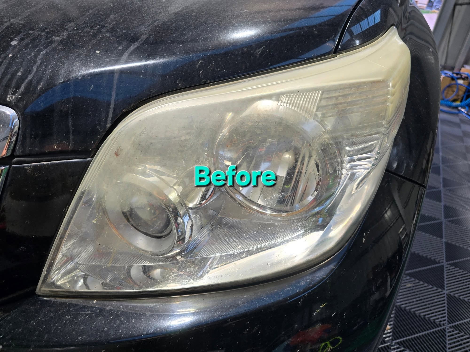 Headlight before — hazed and yellowed
