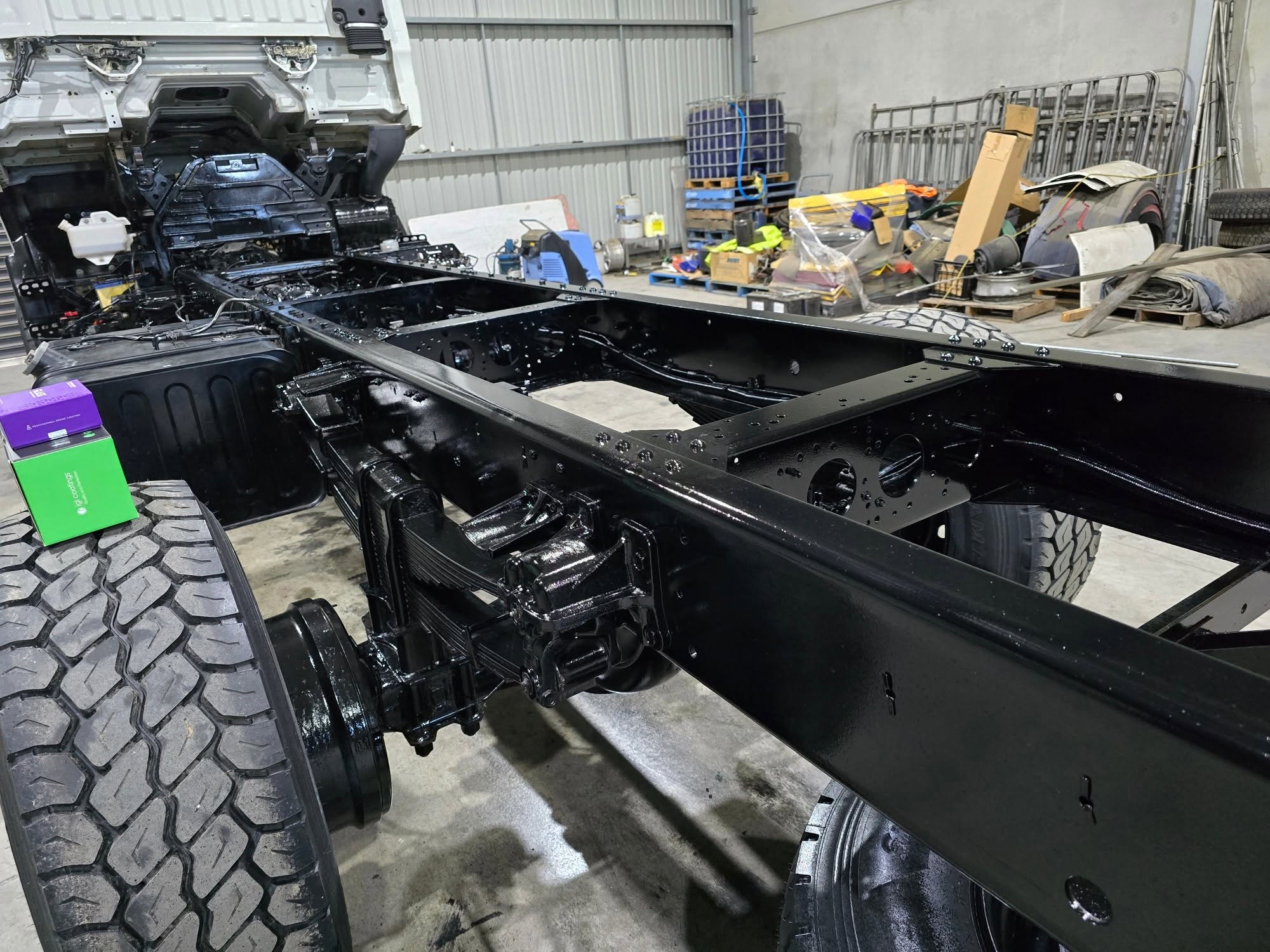 Truck chassis after rust-conversion and protective coating